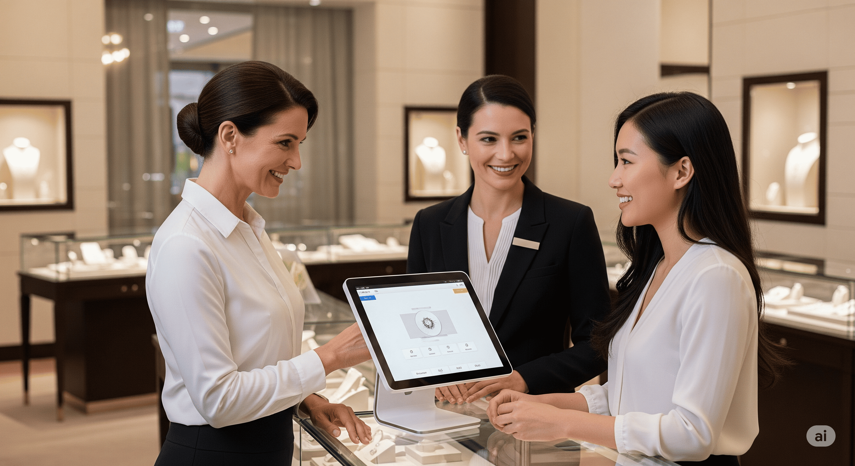 A sleek tablet-based POS system in a modern jewelry store
